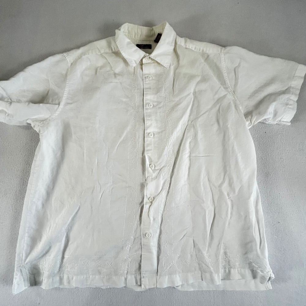 Cafe Luna Mens XL White Embroidered Short Sleeve Ramie Cotton Button Up Shirt